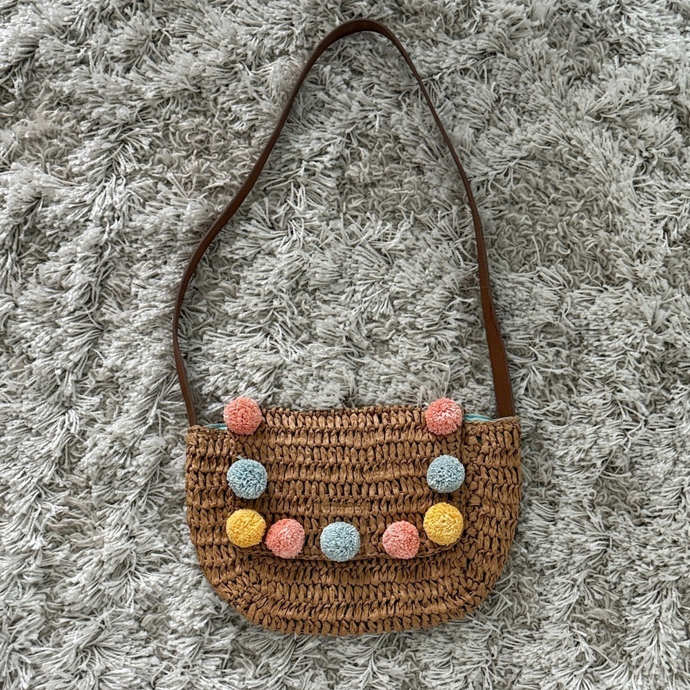 Seafolly Straw Purse Shoulder Bag Pom Pom Brown Pink Beach Summer Vacation